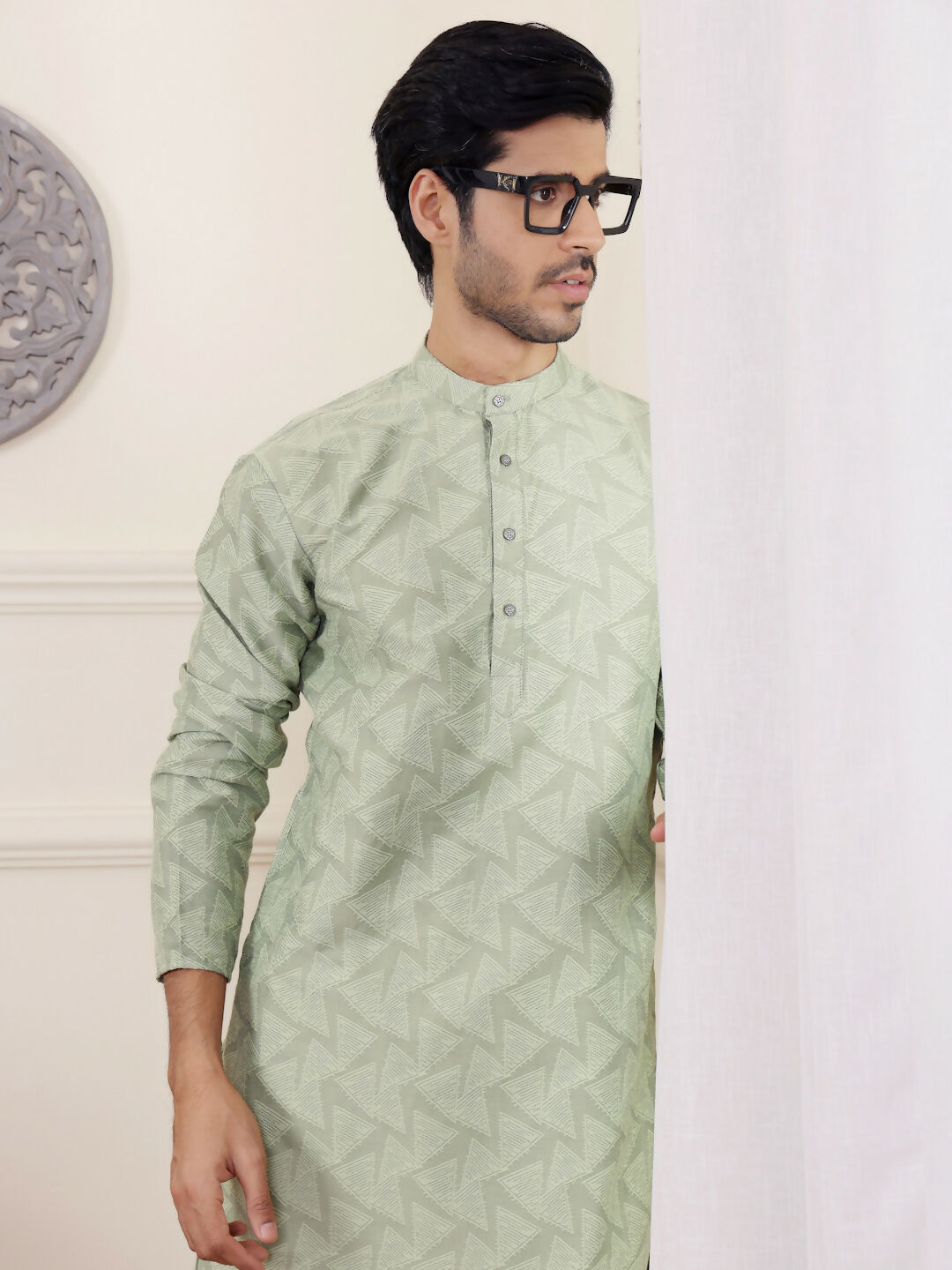 Green Viscose Woven Jacquard Work Men's Rajwadi Kurta Set - Mahotsav