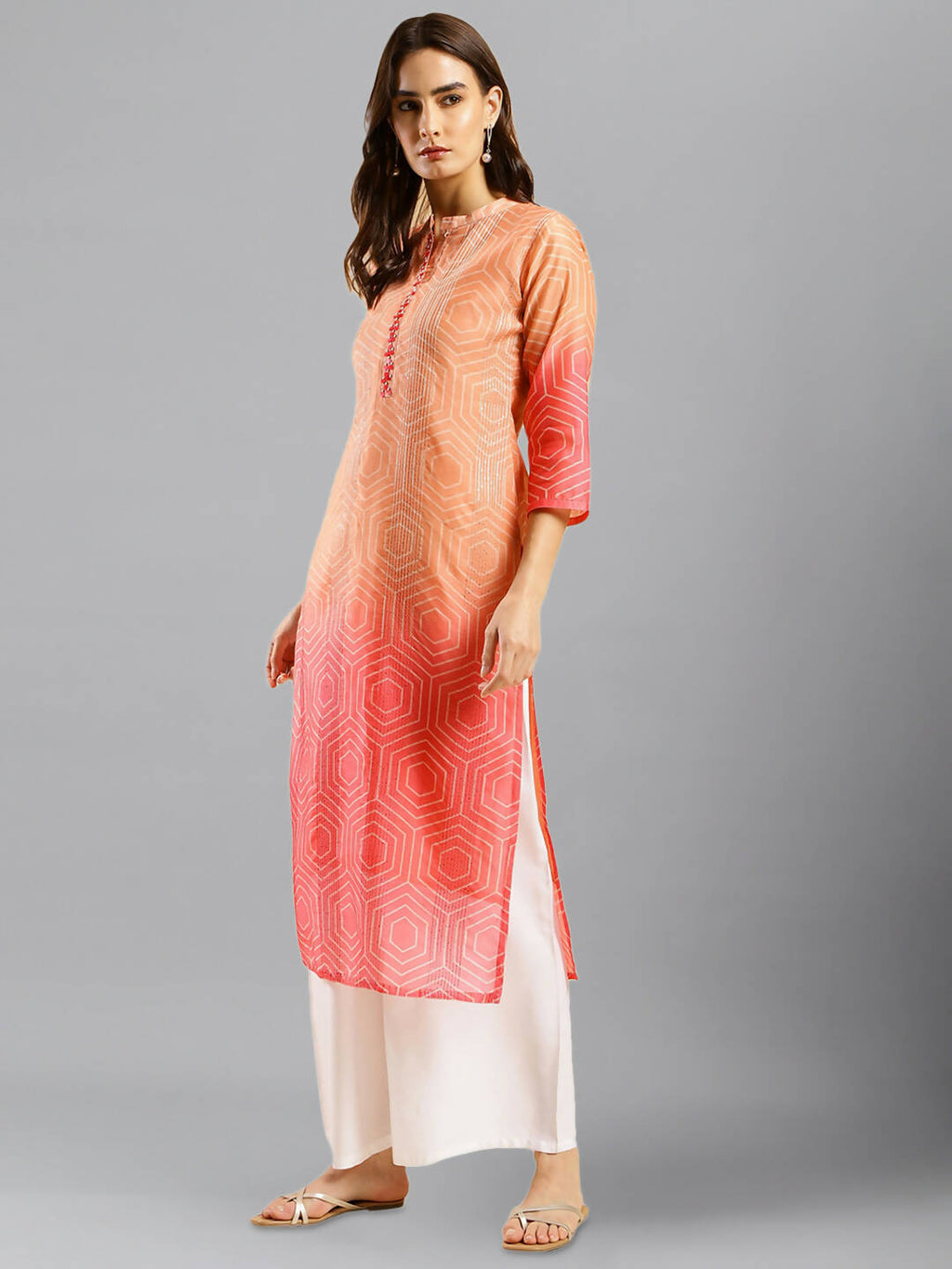 Peach Chinon Digital Printed With Hand Work Kurta - Himanshi