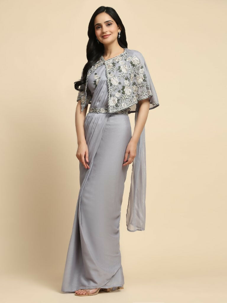 Grey Chiffon Solid Ready to wear Saree with stitched Blouse - Aayan