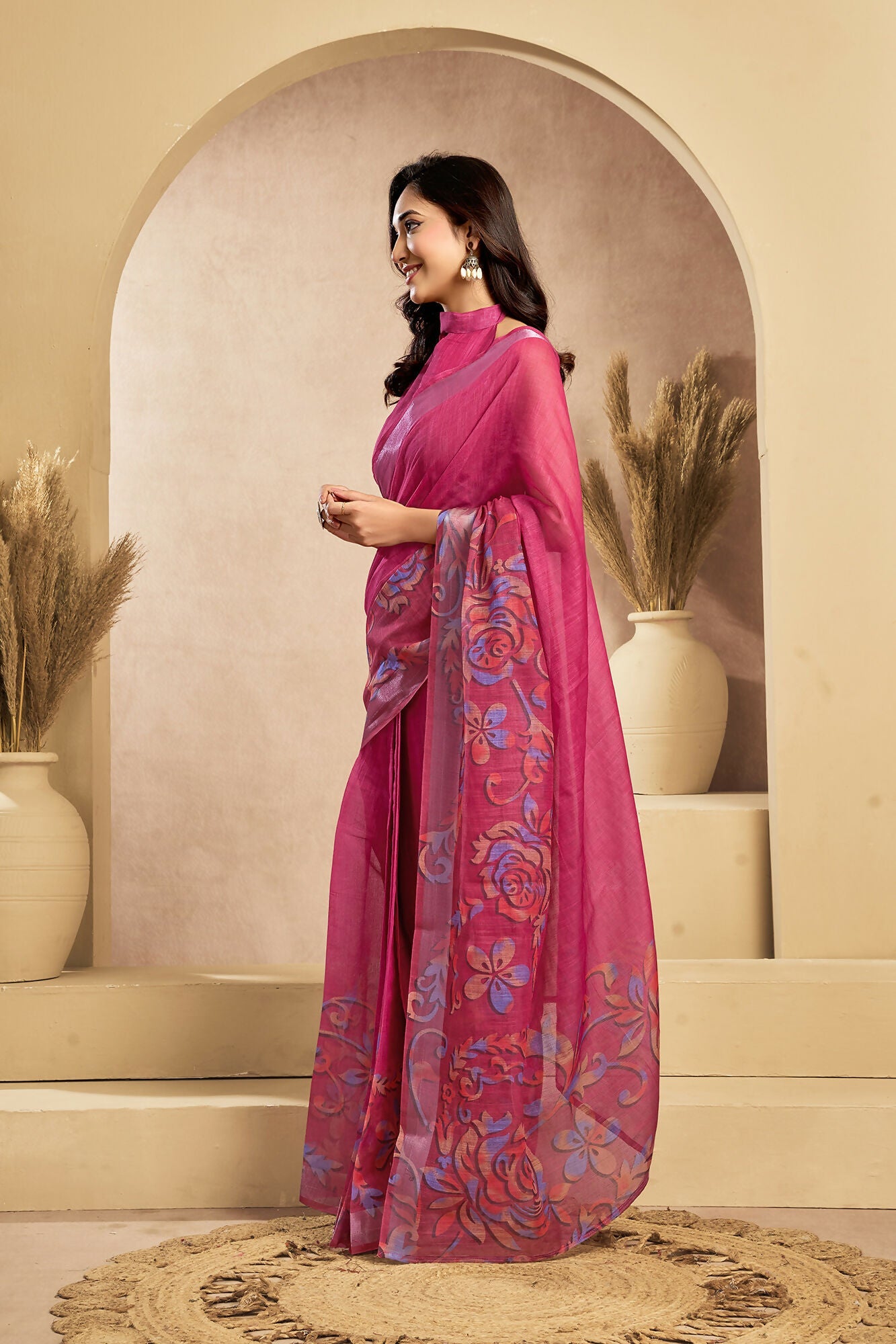 Vastranavya Pink Digital Printed Linen Ready To Wear Designer Saree with Unstitched Blouse