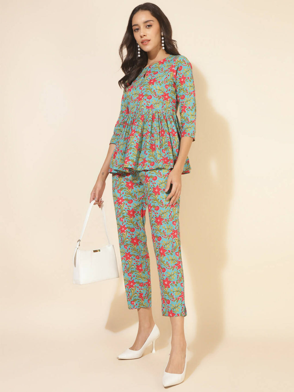 Janasya Women's Blue Cotton Printed Casual Peplum Co-ords