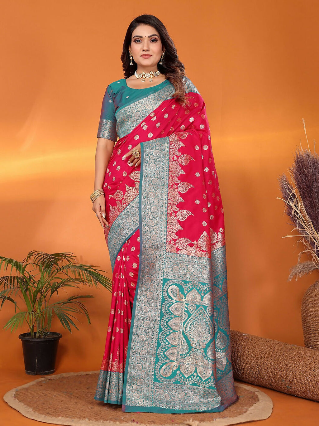 Joban Fashion Banarasi Hot Pink Woven Soft Silk Saree