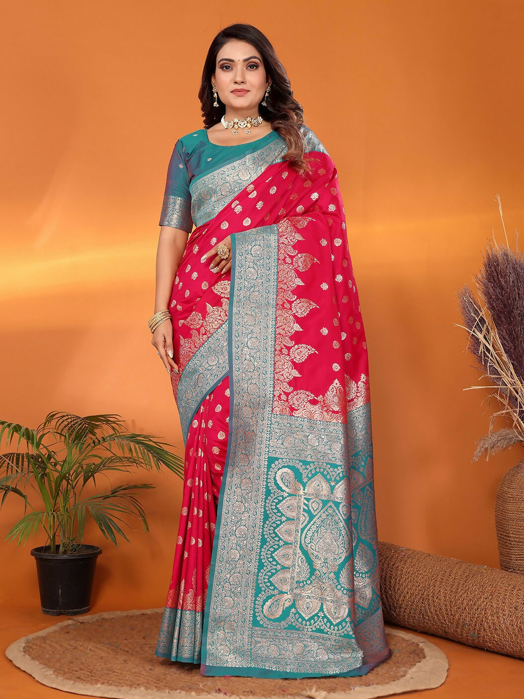 Joban Fashion Banarasi Hot Pink Woven Soft Silk Saree