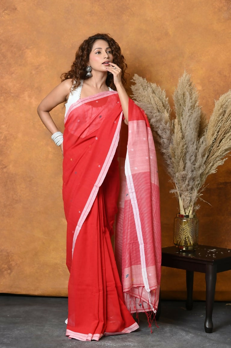 Very Much Indian Pure Cotton Handloom Saree with Buttis & Sleek Border - Red