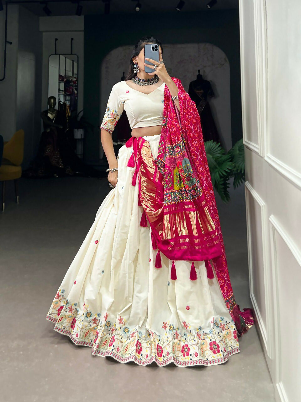 Vastranavya Traditional Special Khadi Cotton Sequins And Thread Embroidery Work Lehenga with Unstitched Blouse - White