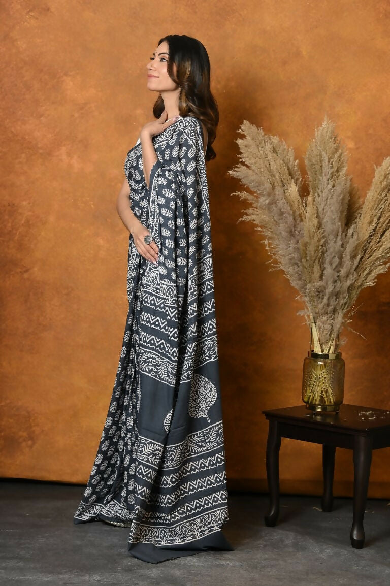 Very Much Indian Handblock Printed Cotton Saree With Natural Dyes - Black White