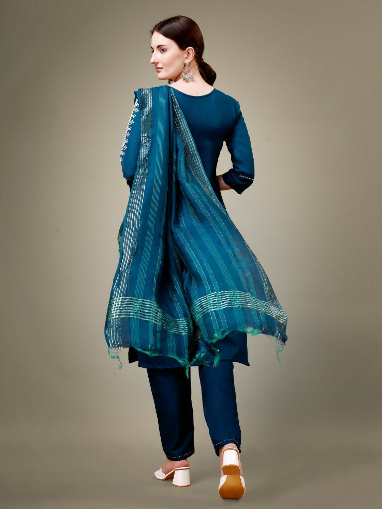 Jyoti Fashion Women's Morpich Cotton Blend Embroidery & Sequence work Kurta with Trouser & Dupatta