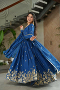 Teeya Creation Blue Color Chinon Silk Party Wear Long Gown