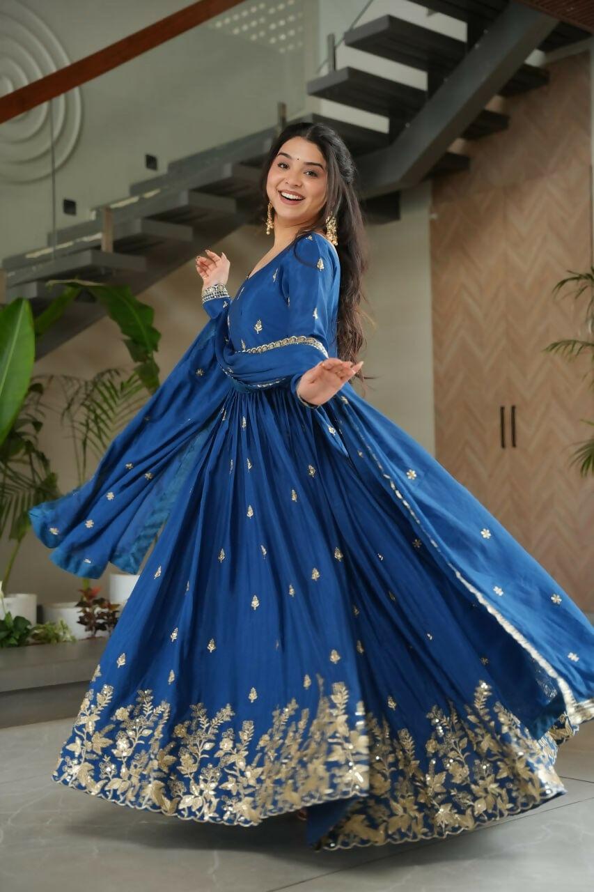 Teeya Creation Blue Color Chinon Silk Party Wear Long Gown