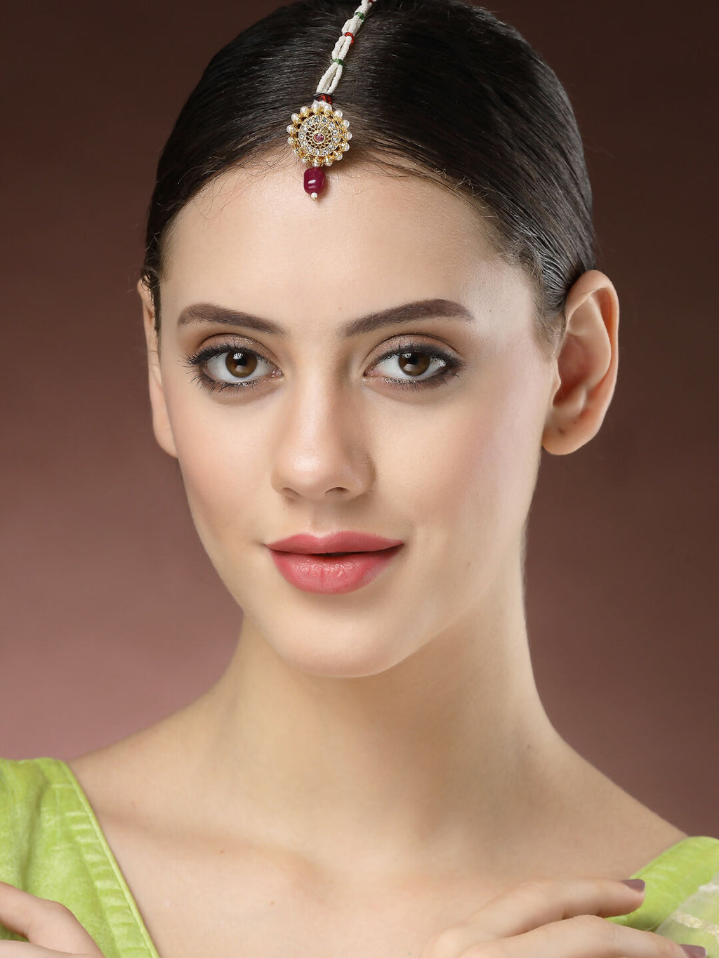 NVR Women's Gold-Polished CZ Stone-Studded Borla Maang Tikka