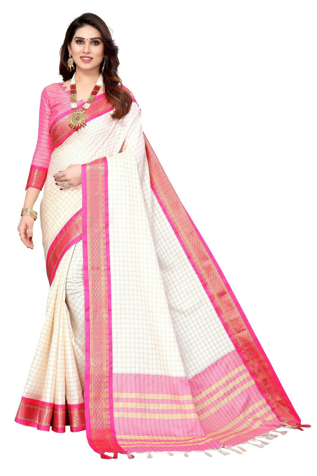Vamika Weaving White Cotton Silk Saree (DEVAL PINK)