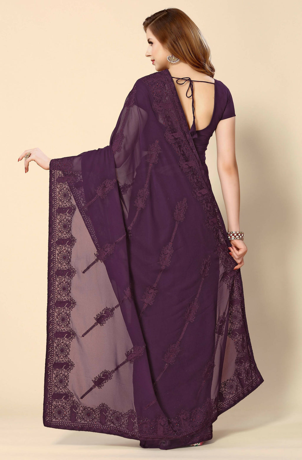 Purple Georgette Embroidered and Stone Work Saree with Unstitched Blouse Piece - Roozal