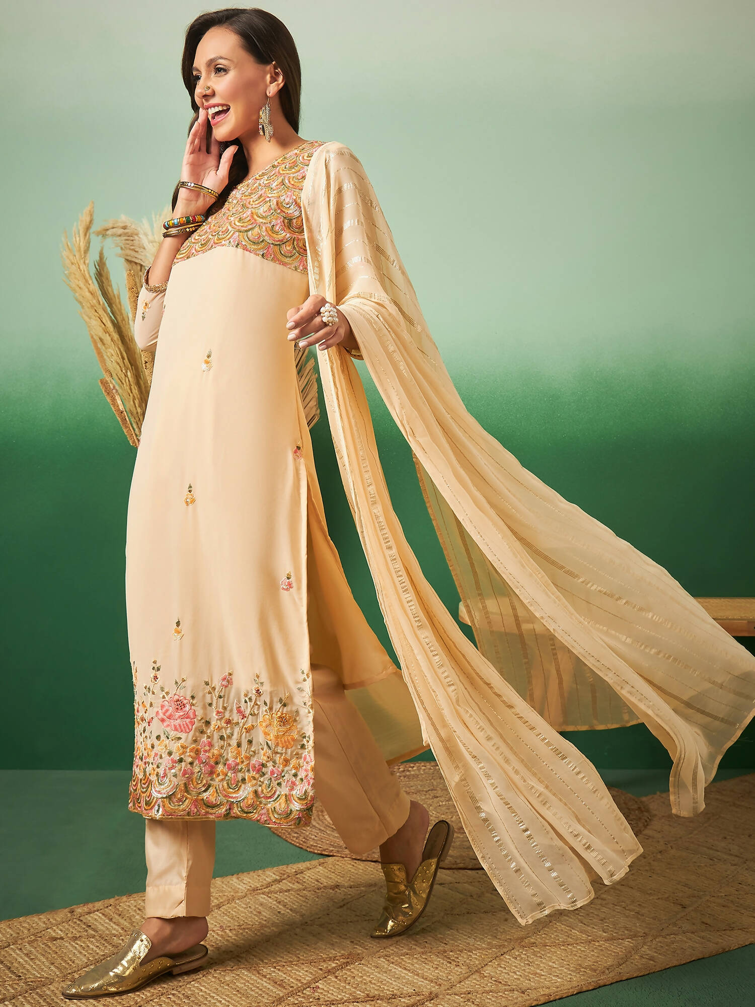 Light Orange Georgette Handwork Unstitched Dress Material - Hanika