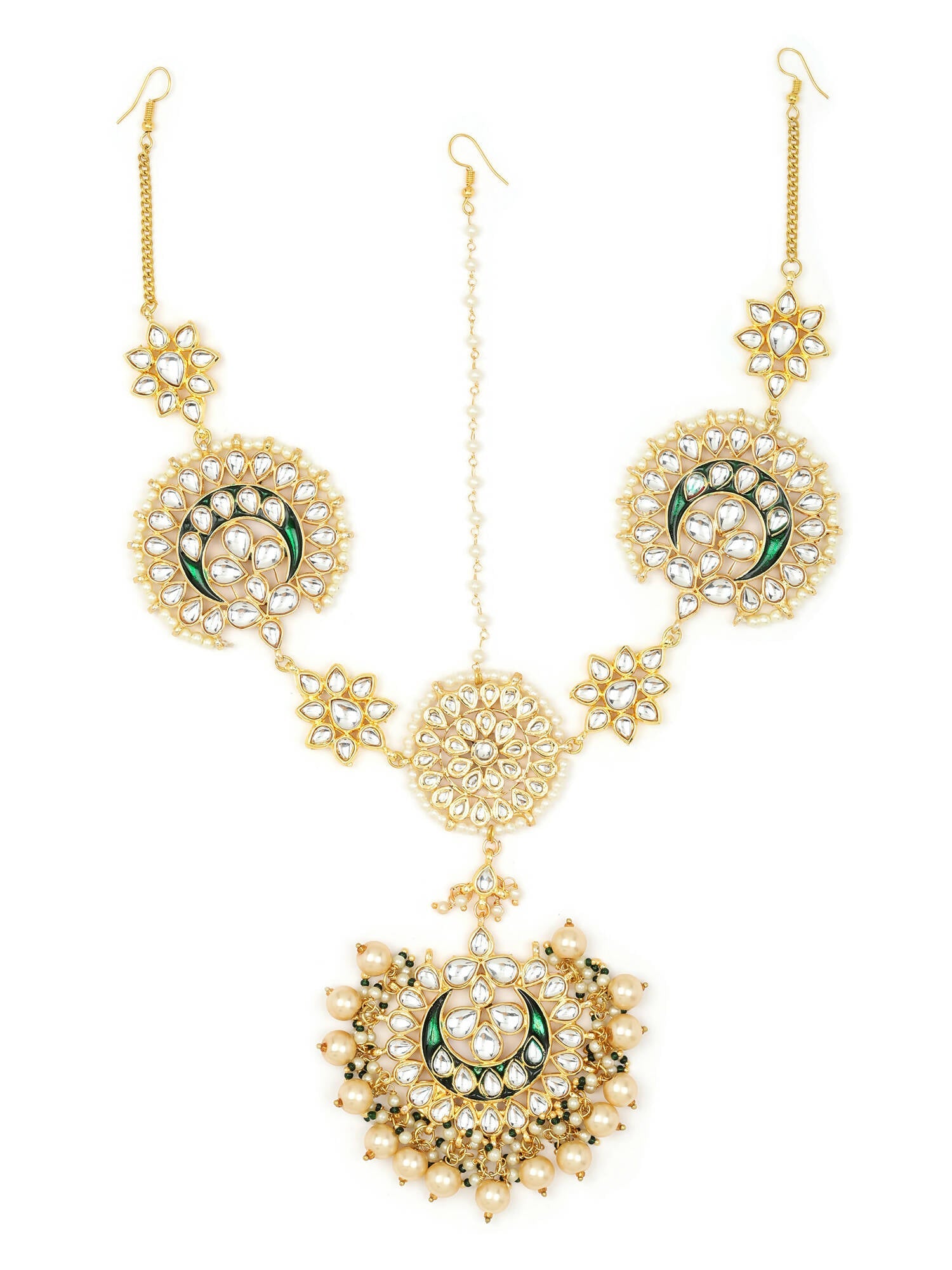 Gold-Polished White Kundan-Studded Pearl Beaded Matha Patti - Ruby Raang