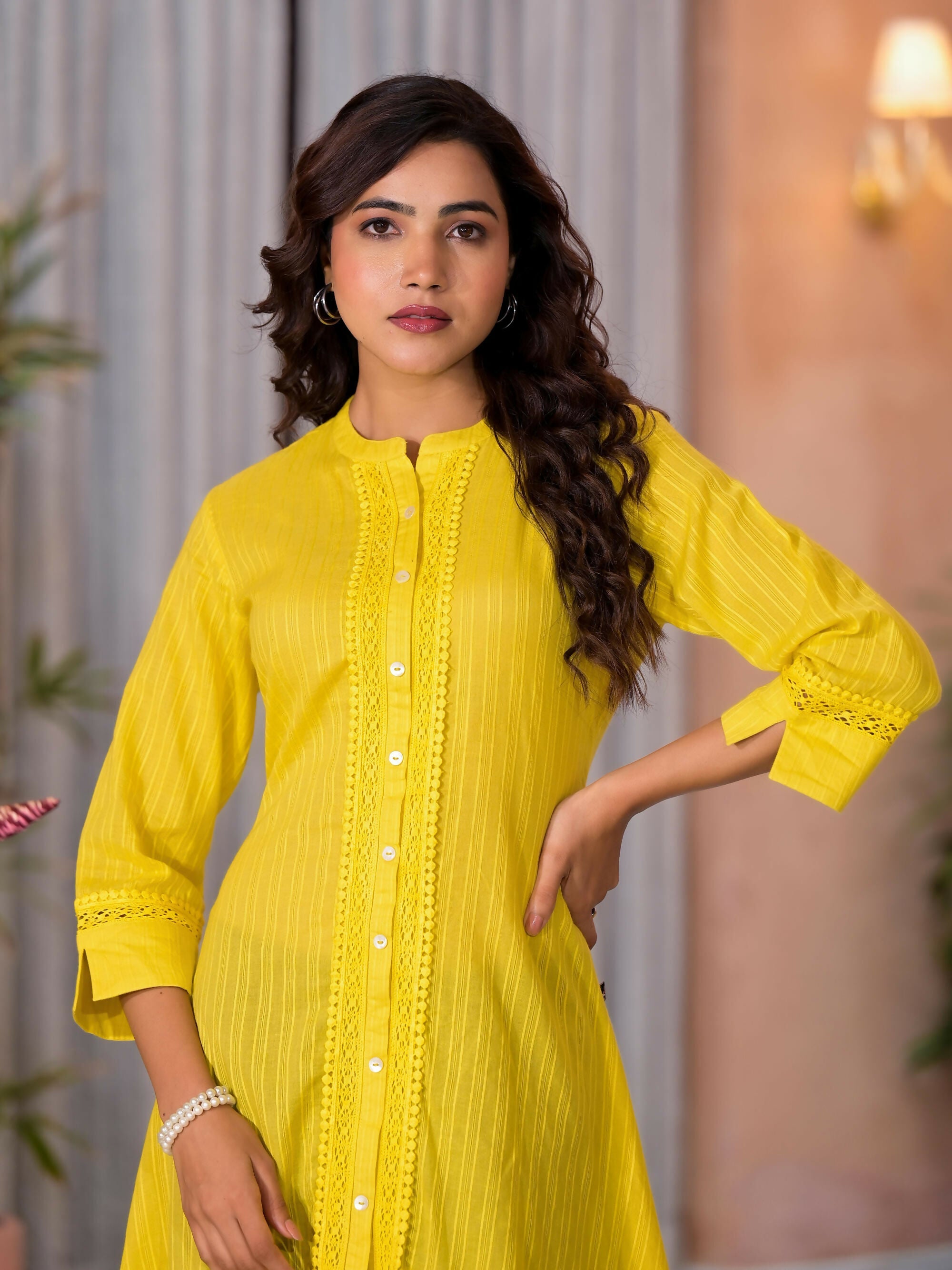 Juniper Women's Yellow Thread Embroidered Cotton Asymmetrical Kurta With Button Closure