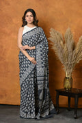 Very Much Indian Handblock Printed Cotton Saree With Natural Dyes - Black White