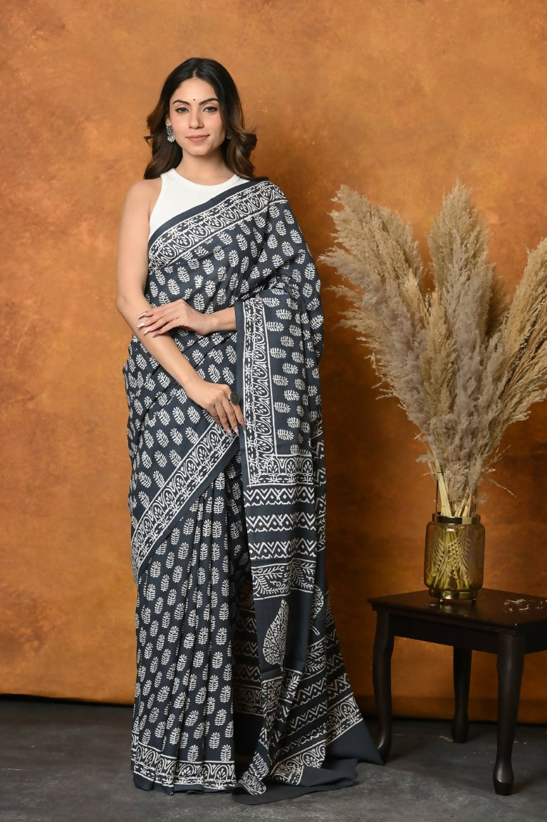 Very Much Indian Handblock Printed Cotton Saree With Natural Dyes - Black White