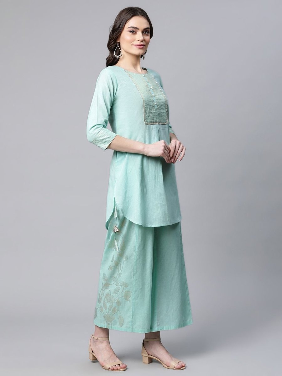 Ahalyaa Women Teal Pure Cotton Gold Foil Printed Pakistani Style Kurta Palazzo Set