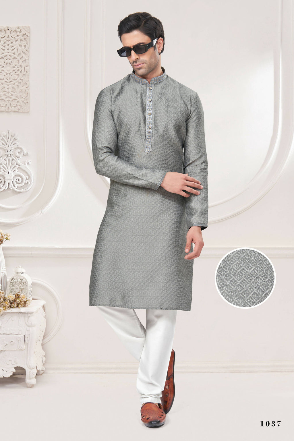 Functional Designer Men's Grey Jacquard Kurta With Pant - Rudra