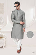 Functional Designer Men's Grey Jacquard Kurta With Pant - Rudra