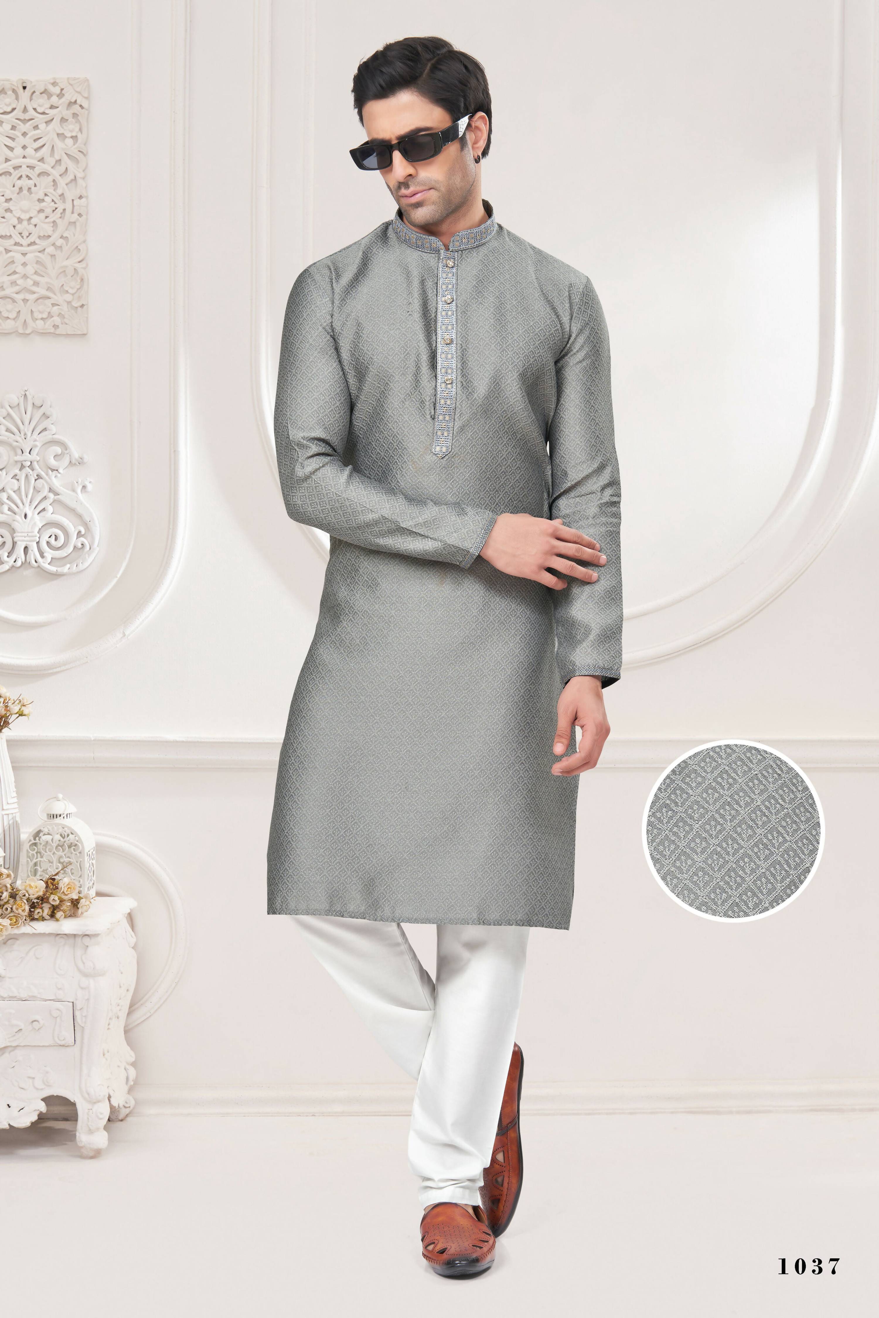 Functional Designer Men's Grey Jacquard Kurta With Pant - Rudra