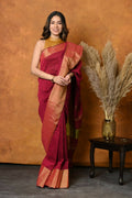 Very Much Indian Handloom Pure Cotton Linen Saree With Golden Border - Maroon