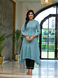 Juniper Women's Sky Blue Thread Embroidered Cotton Asymmetrical Kurta With Button Closure
