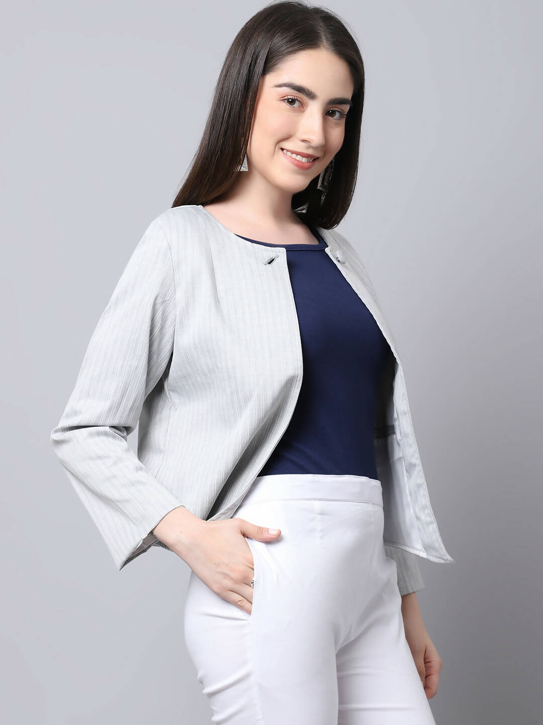 Even Apparels Grey Polywool Open Front Statement Women's Jacket (PW681)