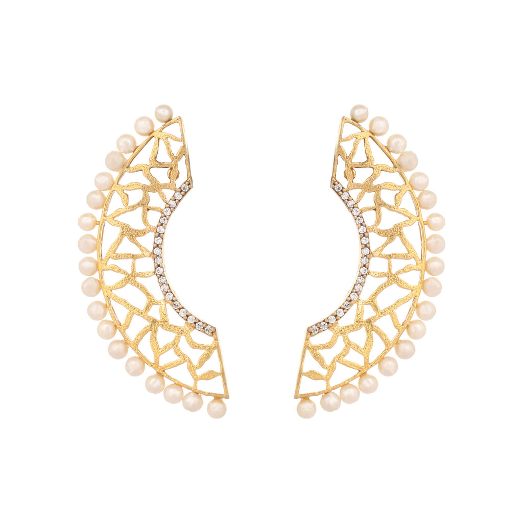 Nuyug 22K Gold-Plated Zircon Studded & Pearl Beaded Contemporary Shaped Statement Stud Earrings