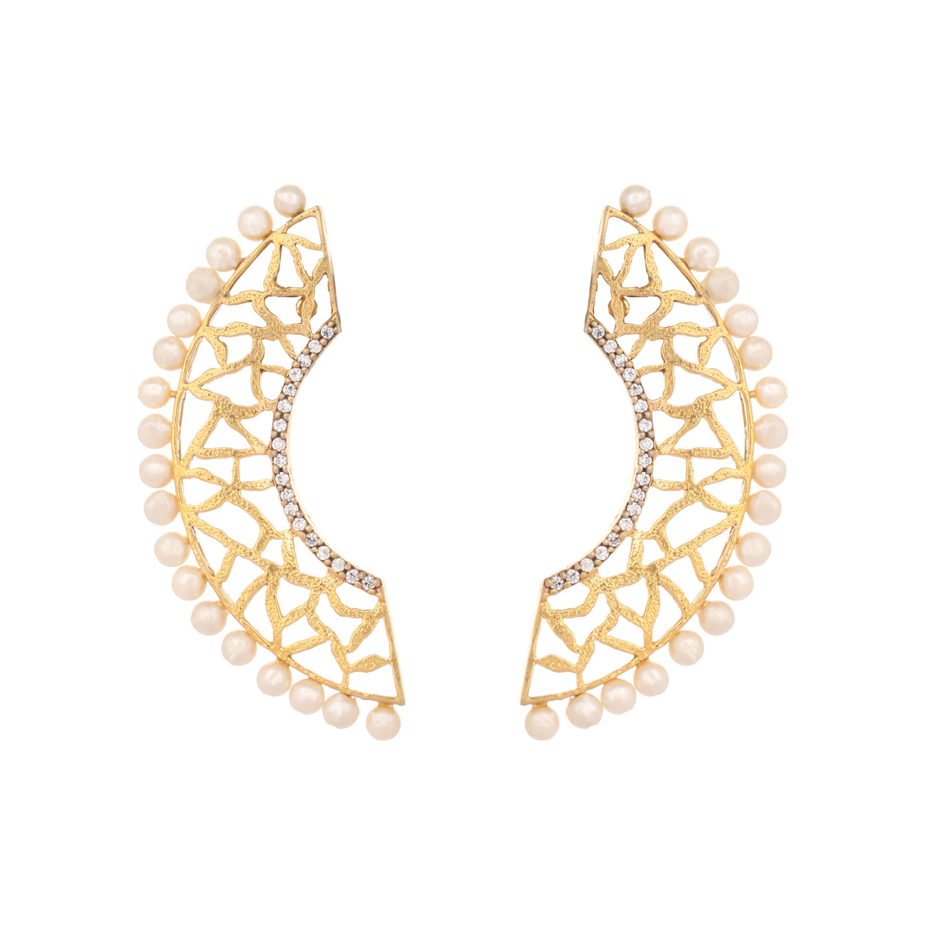 Nuyug 22K Gold-Plated Zircon Studded & Pearl Beaded Contemporary Shaped Statement Stud Earrings