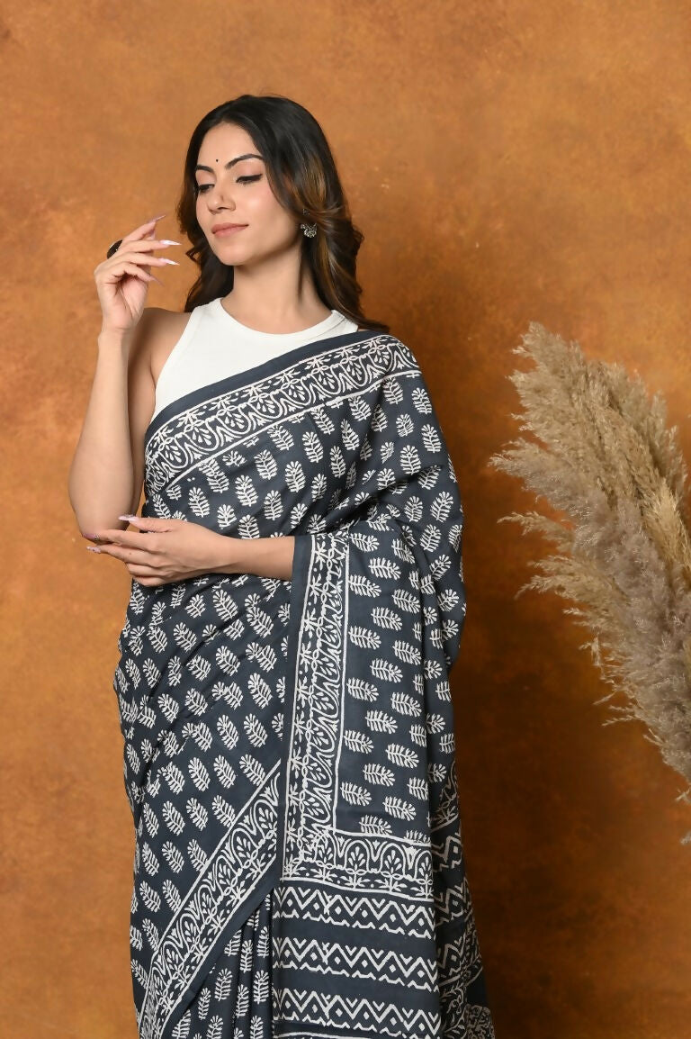 Very Much Indian Handblock Printed Cotton Saree With Natural Dyes - Black White