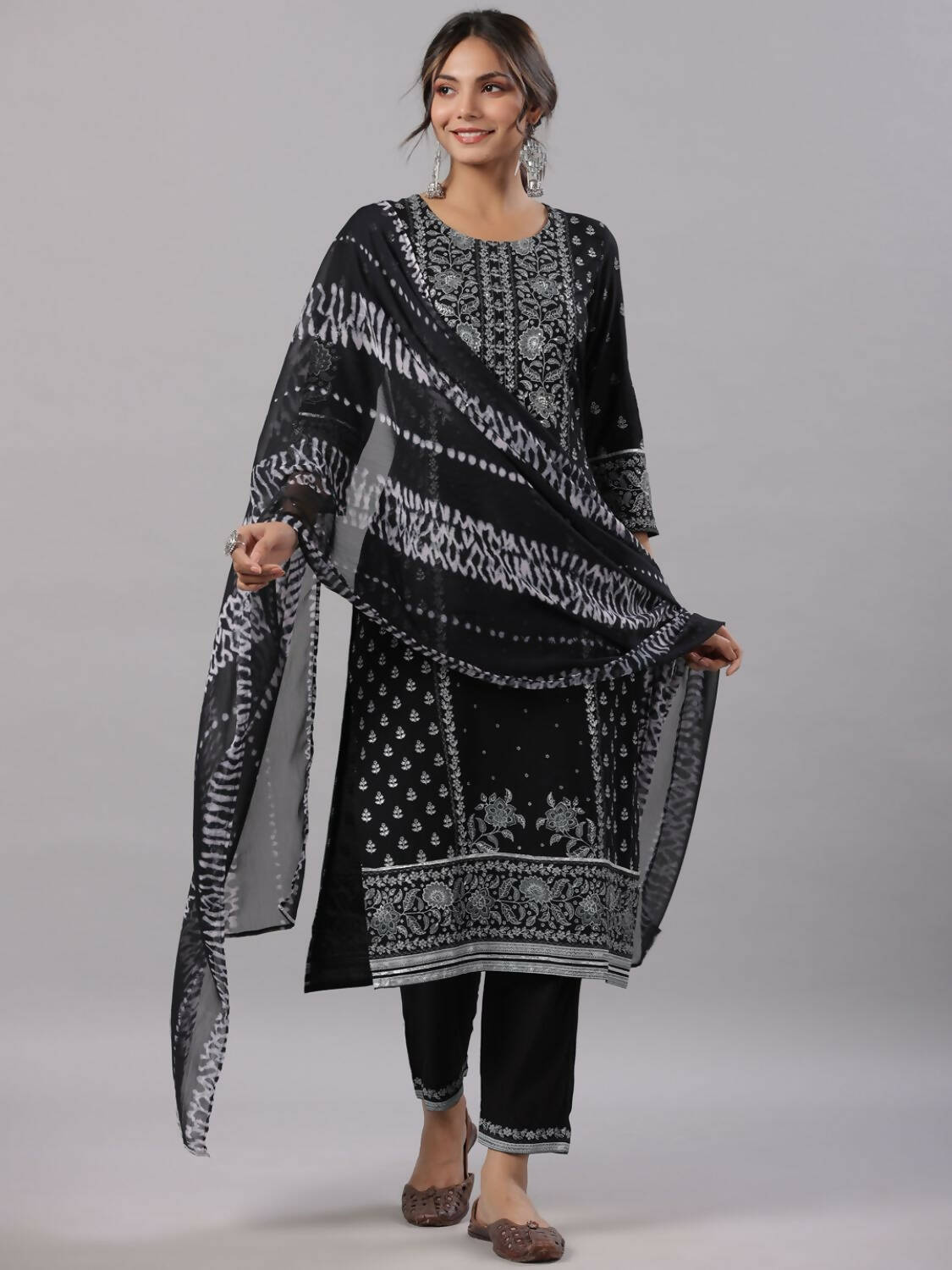 Juniper Women Black Rayon Staple Kalamkari Printed Kurta, Pants and Dupatta Set