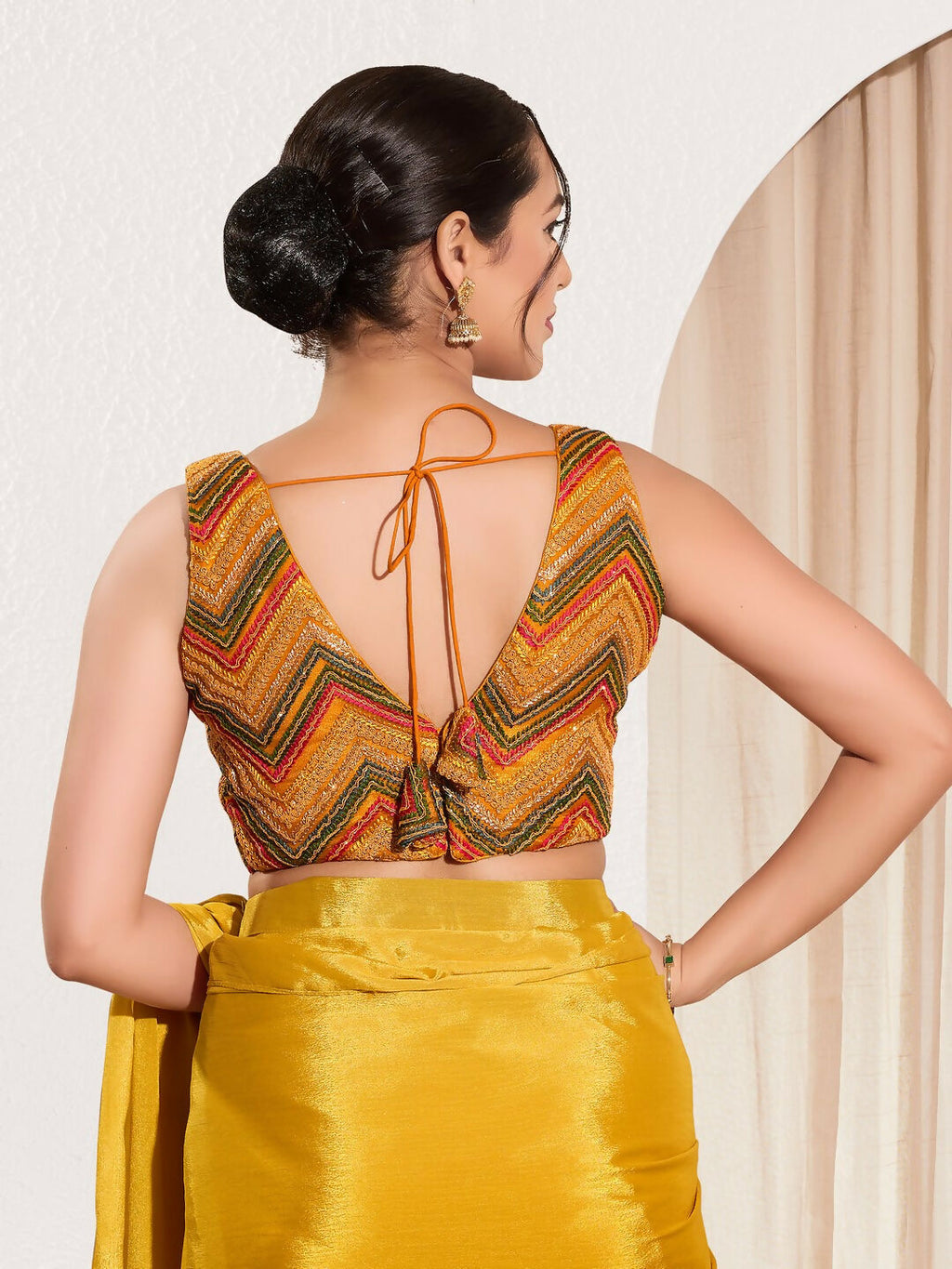 Joban Fashion Mustard Net Padded Blouse With V Neck Sleeveless