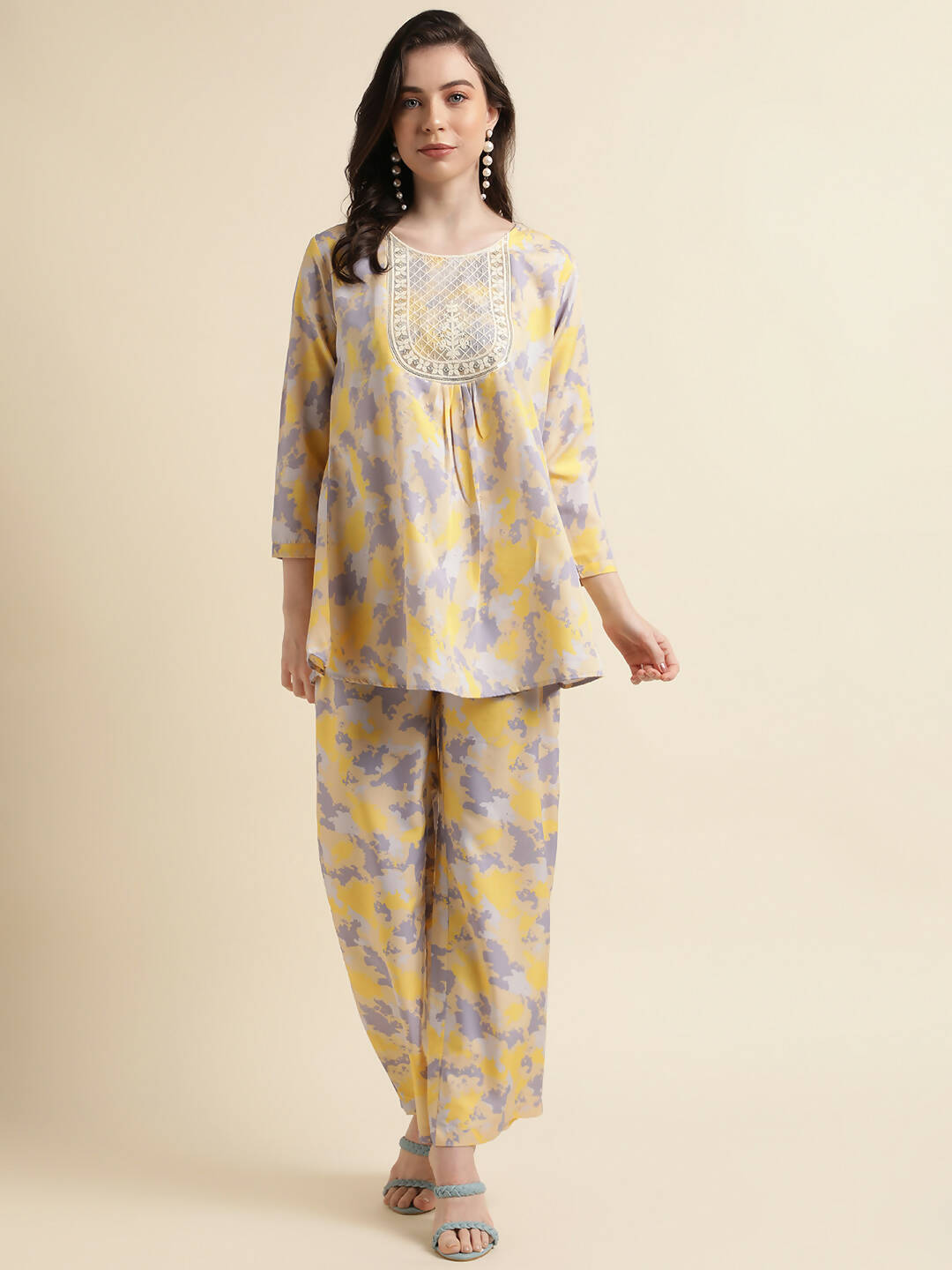 Yellow & Grey Poly Crepe Digital Printed Top with Matching Bottom - Preeti