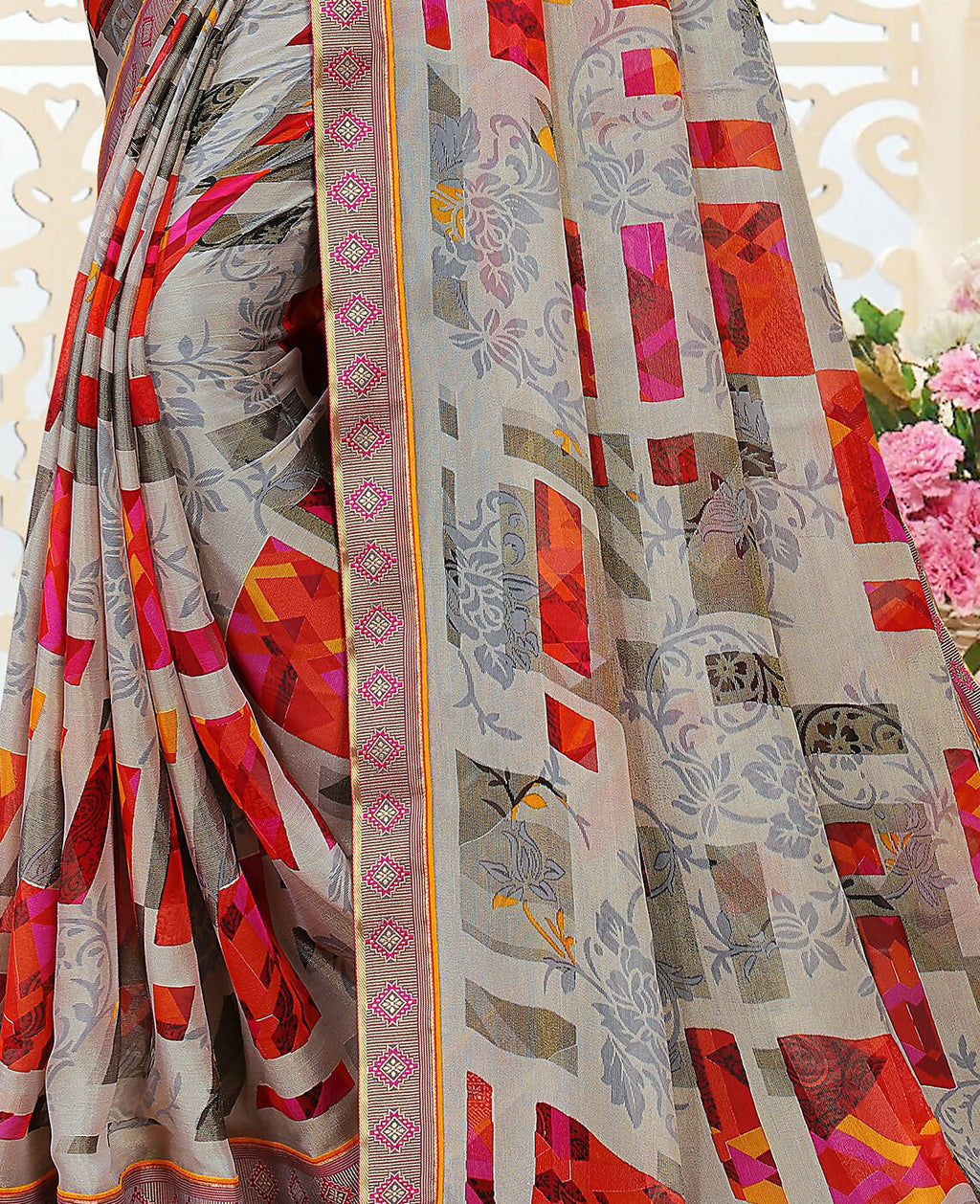 Grey Chiffon Brasso Printed Saree With Unstitched Blouse Piece - Jyoti