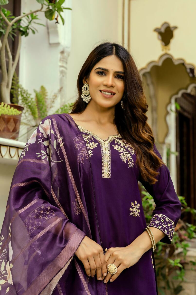 The52 Wine Women's Beautiful Viscose Chanderi Fabric Thread Work Straight Kurta Pant and Dupatta Set