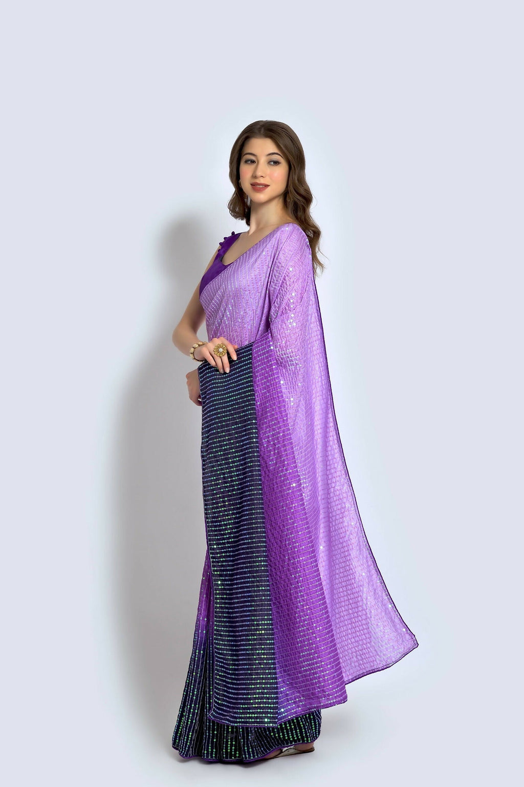 Vegaa Fashion Lavender Vichitra Silk Embroidered Party Wear Saree