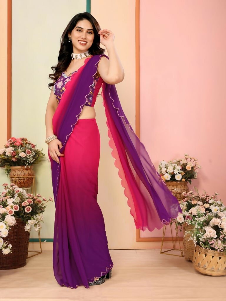 Aafreen Partywear Designer Dark pink & Purple Georgette Fancy Saree