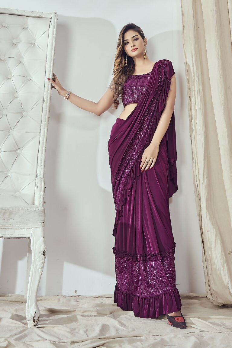 Mahotsav Women's Magenta Lycra Embellished Ready To Wear Saree With Stitched Blouse