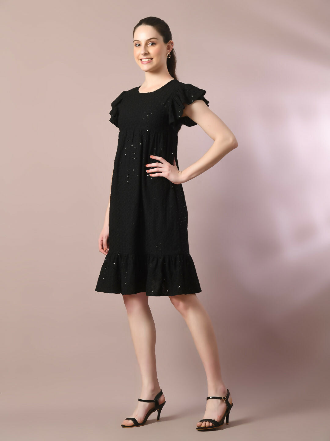 Myshka Women's Black Embroidered Cotton Round Neck A-Line Party Dress