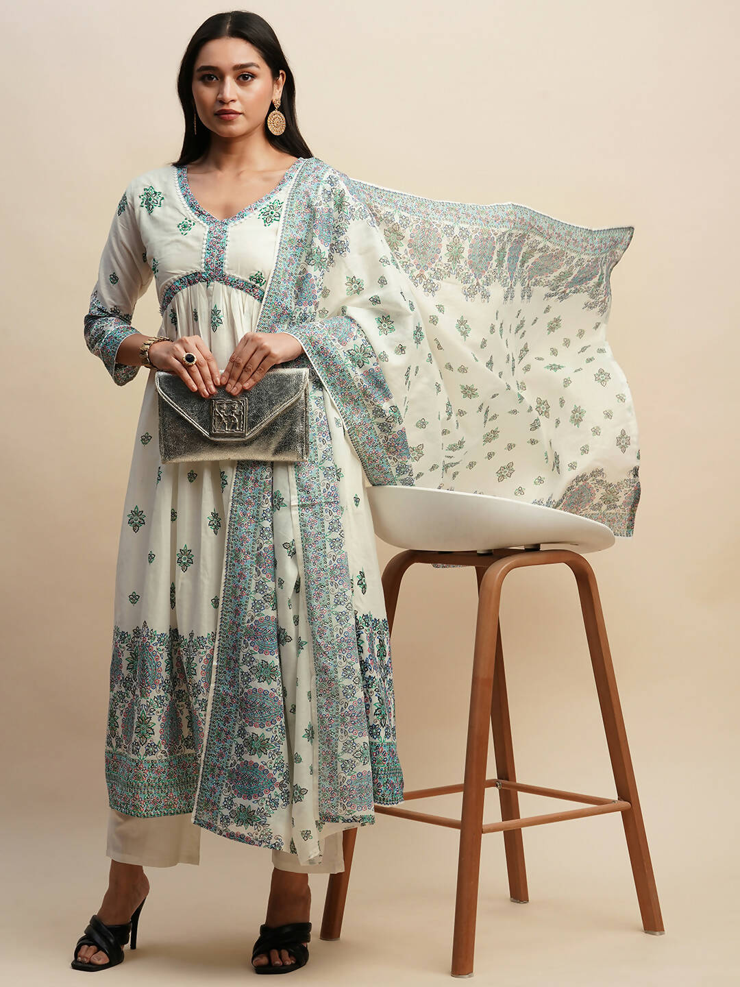 White And Blue Pure Cotton Floral Printed Anarkali Kurta And Bottom With Dupatta - Akashara