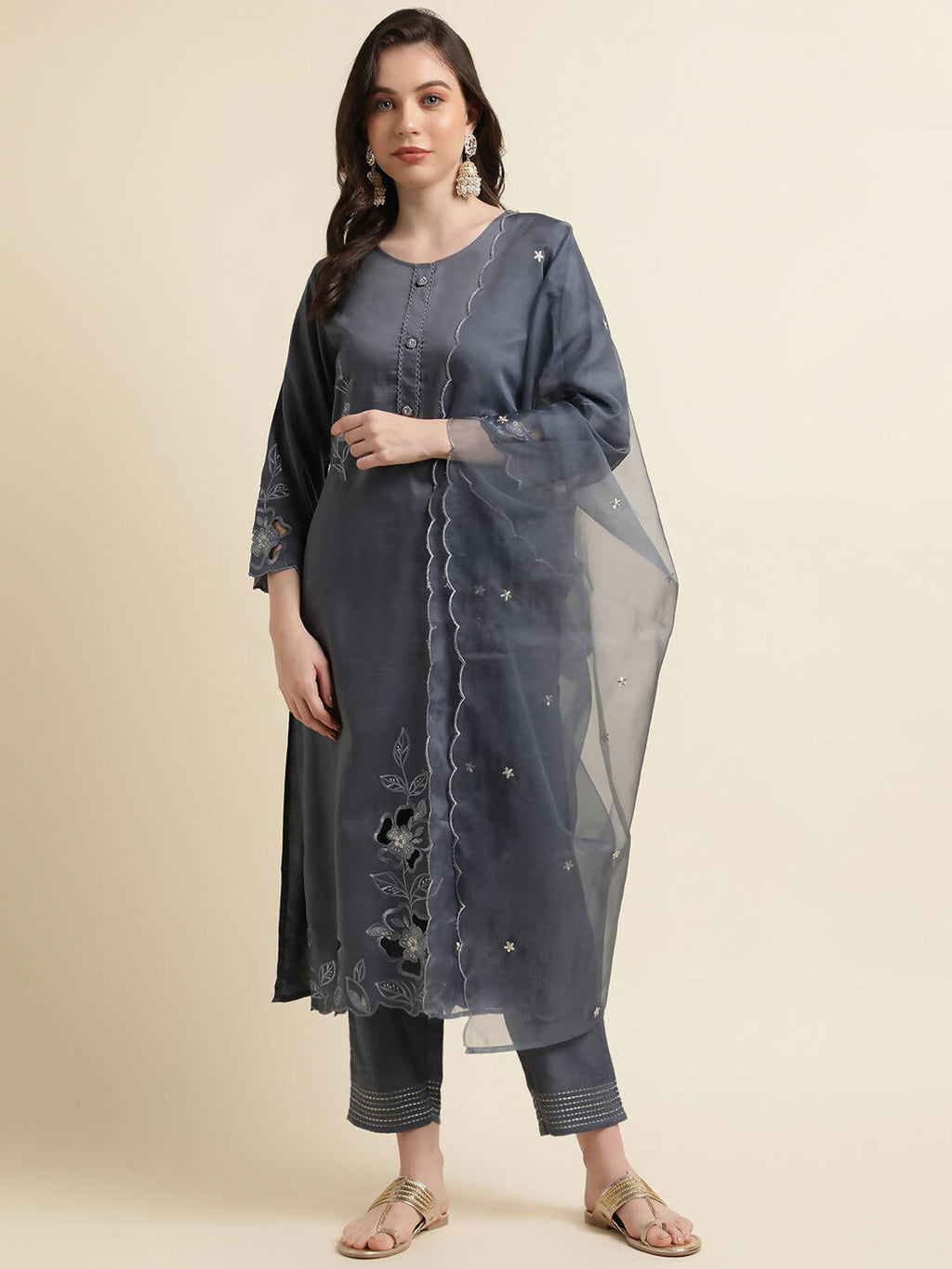 Grey Chinon Silk Embroidered Straight Kurta with Trouser & Dupatta - Salimar