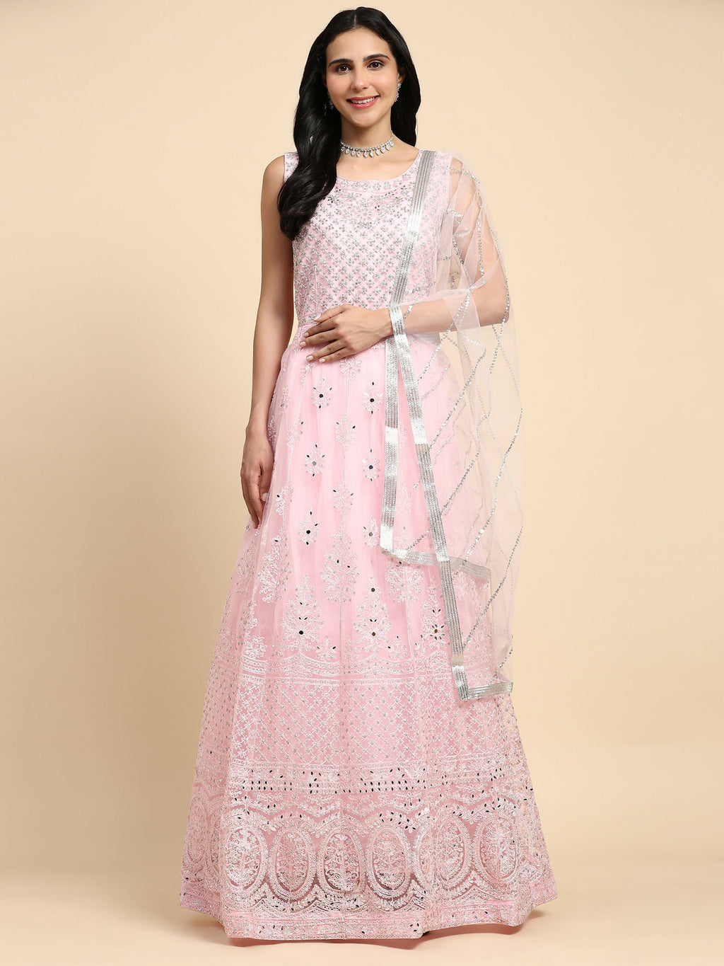 Pink Net Hand Embroidered Gown - Rudrani