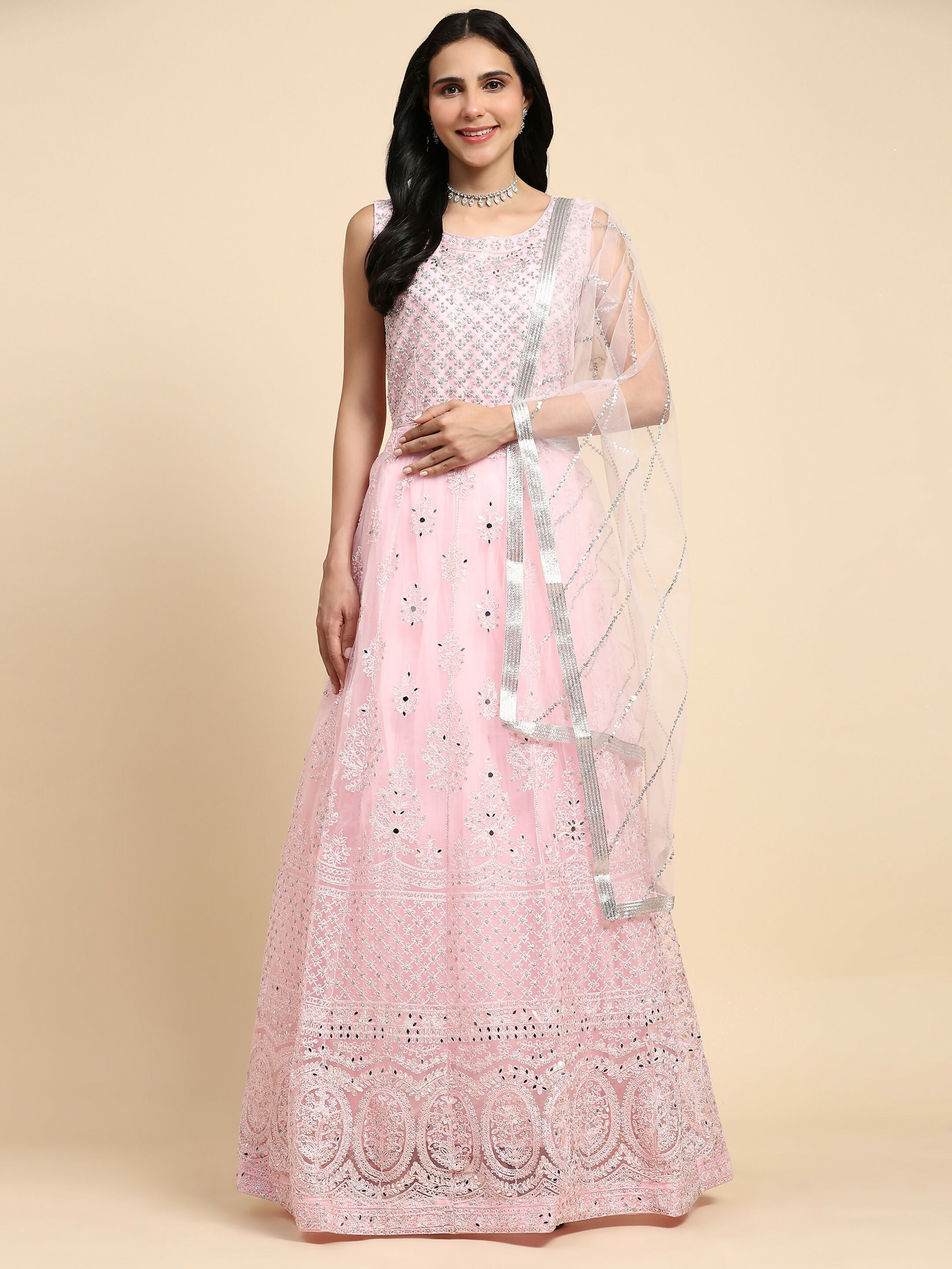 Pink Net Hand Embroidered Gown - Rudrani
