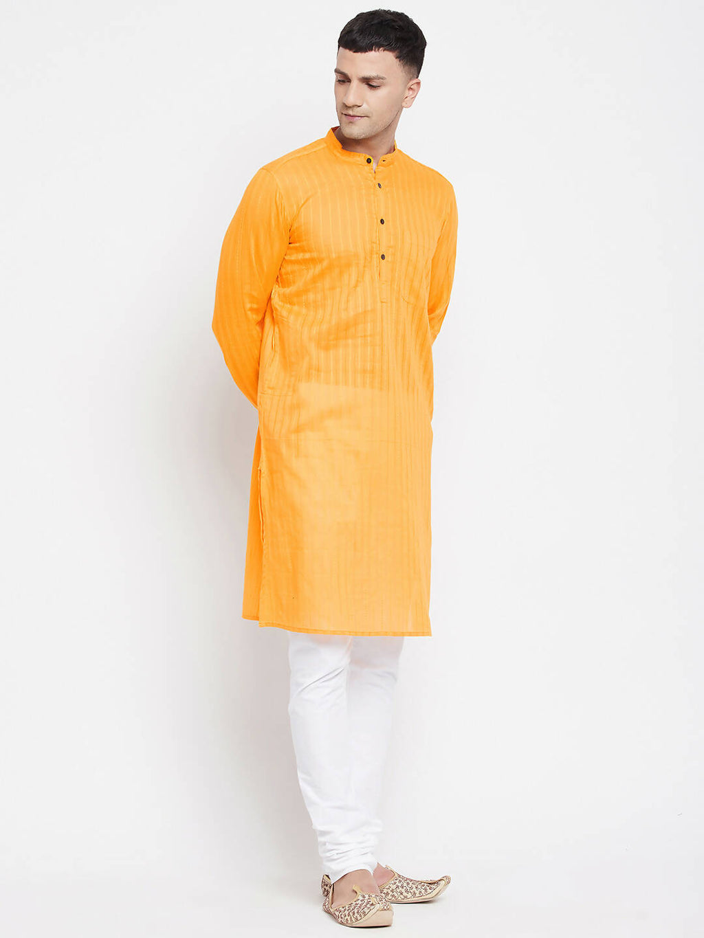 Even Apparels Men's Pure Cotton Kurta With Band Collar in Yellow Color