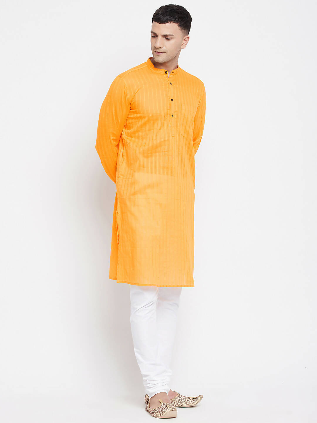 Even Apparels Men's Pure Cotton Kurta With Band Collar in Yellow Color