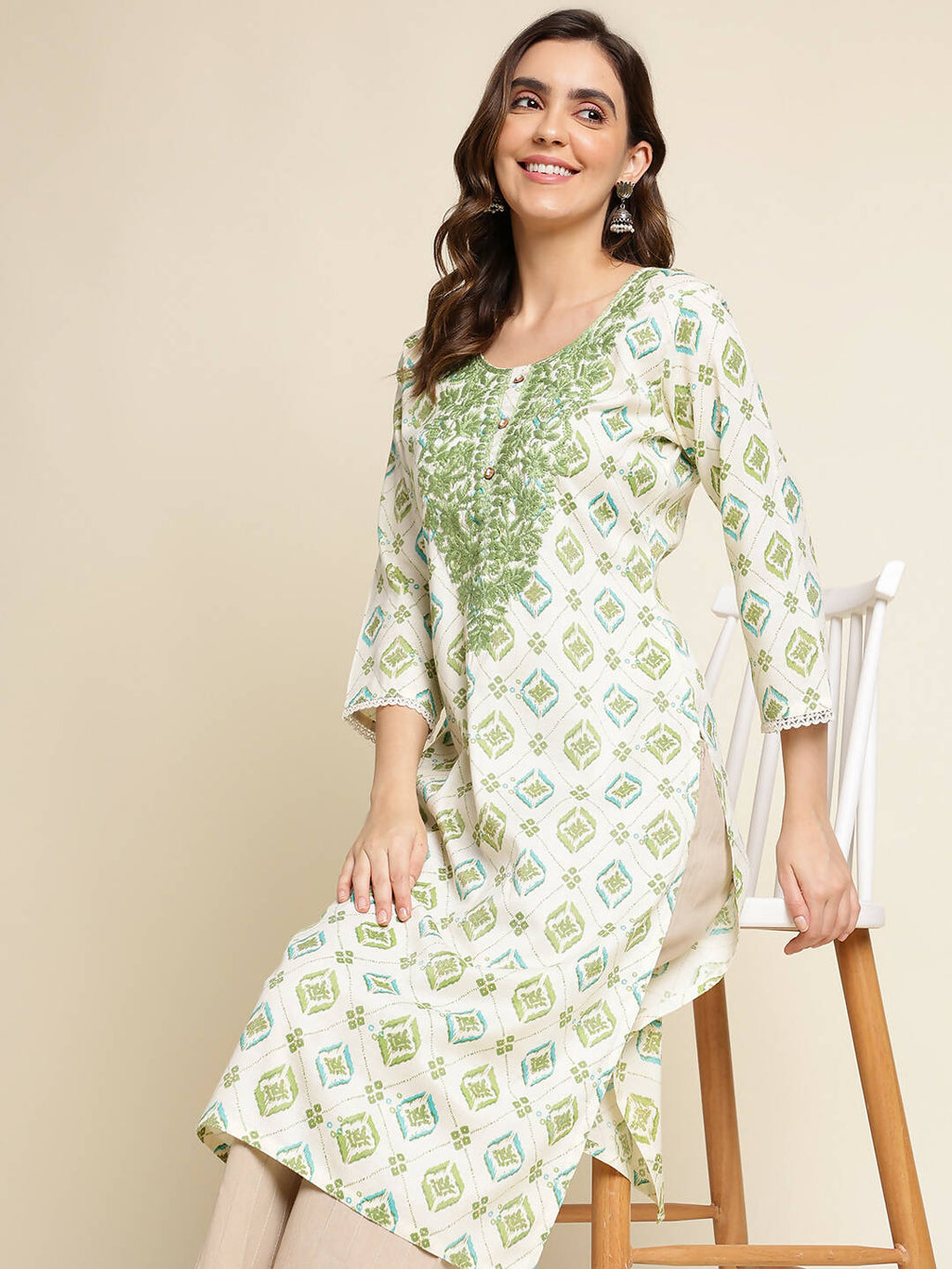 Green Poly Rayon Aztec Printed Straight Fit Kurta - Prasuti