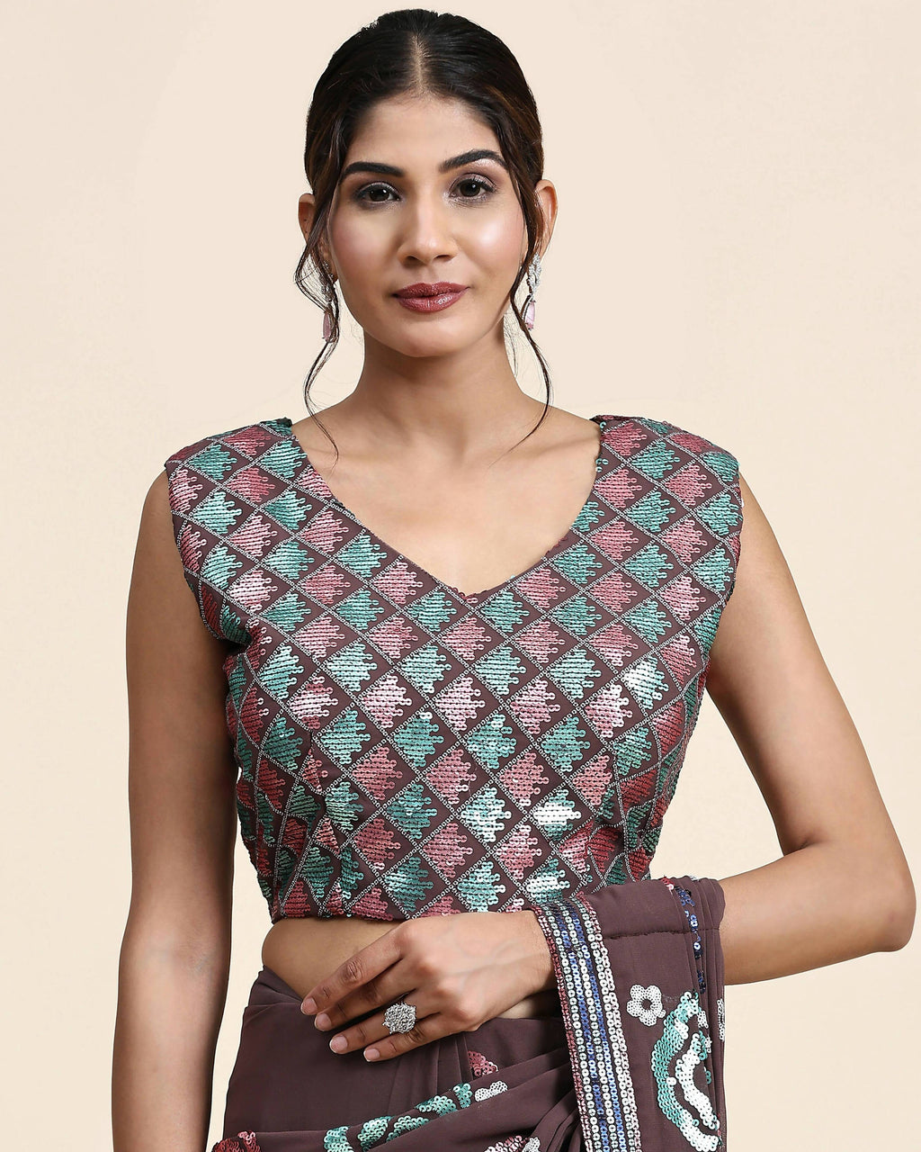 Brown Pure Georgette Sequence work Ready to wear Saree with stitched Blouse - Nirvana