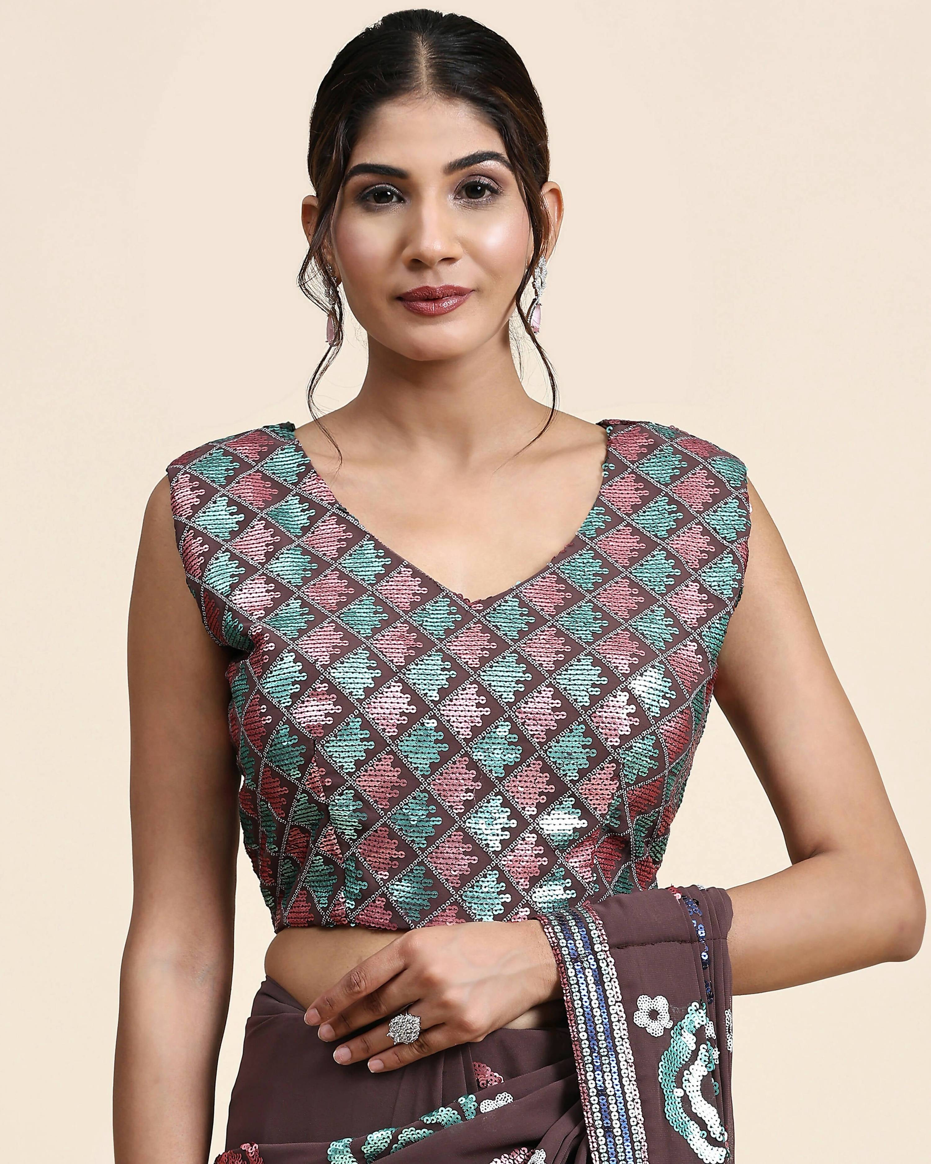 Brown Pure Georgette Sequence work Ready to wear Saree with stitched Blouse - Nirvana