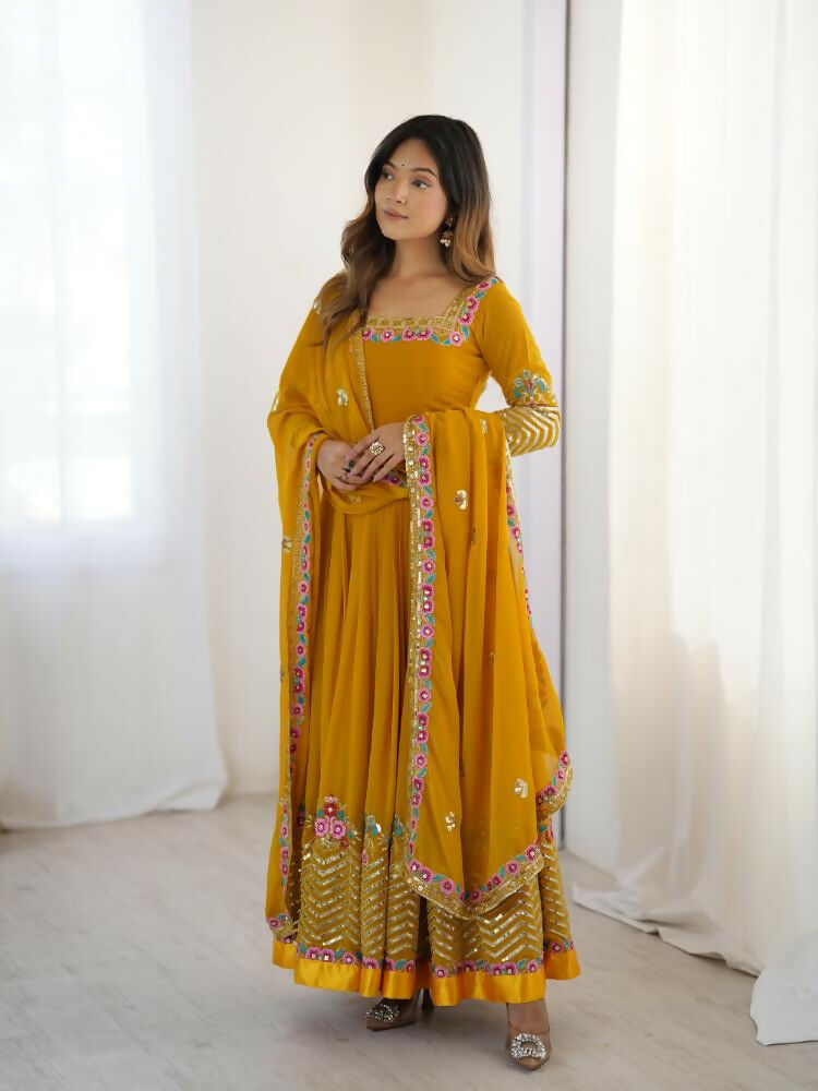 Joban Fashion Mustard Georgette Sequence Embroidery Work Readymade Kurta Set